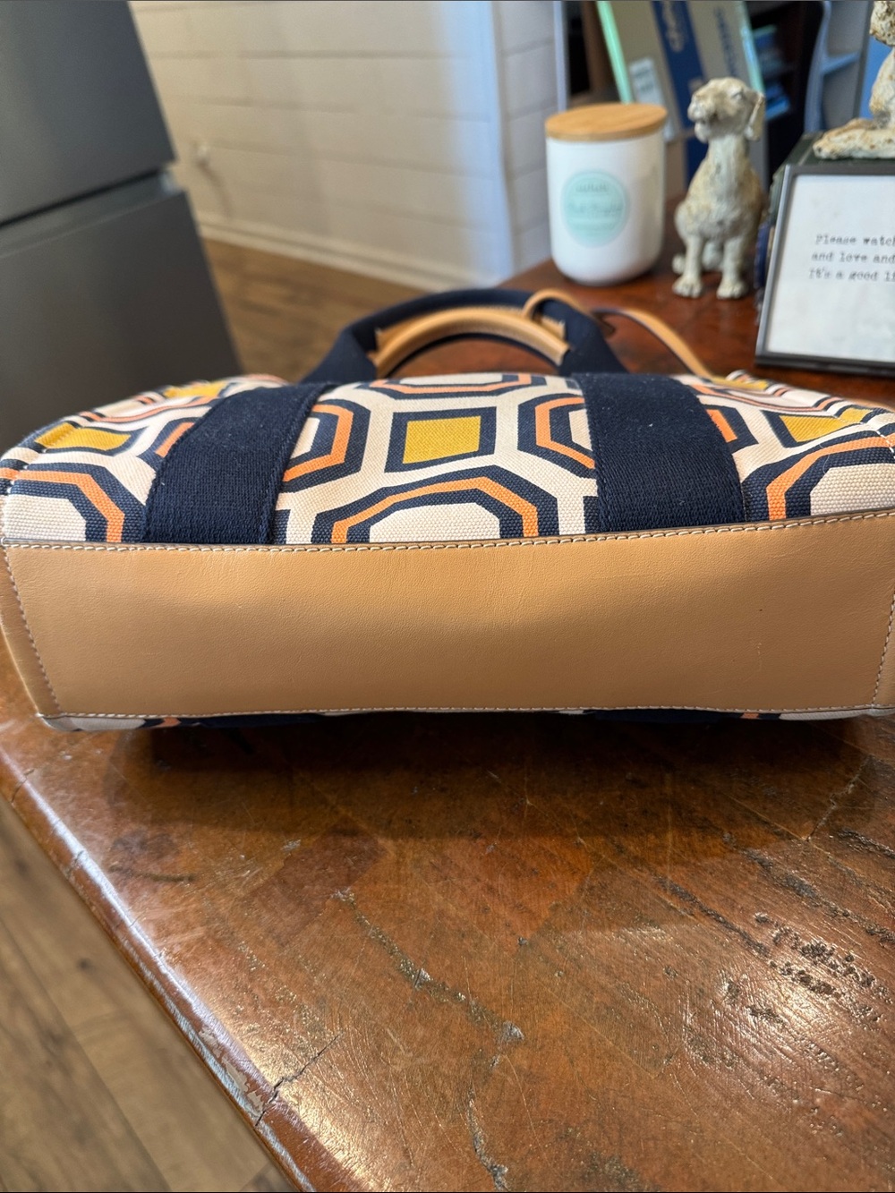 Tory Burch Navy, Coral & Mustard Geometric Canvas Tote with Tan Leather Strap - Picture 11 of 12